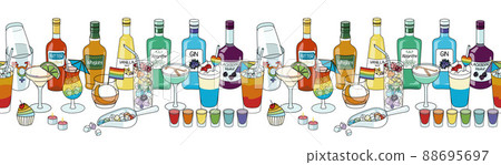 Seamless border line ornament with bar shaker, cocktails and liquor bottles in rainbow LGBT colors. For gay bar diversity pride party invitations, cards or stickers. Doodle cartoon style illustration. Seamless border line ornament with bar shaker, cocktails and liquor bottles in rainbow LGBT colors. For gay bar diversity pride party invitations, cards or stickers. Doodle cartoon style illustration. 88695697