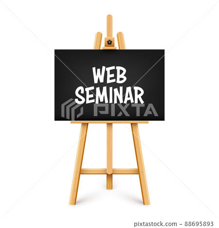 Realistic paint desk with text on black canvas. Wooden easel and a sheet of drawing paper Realistic paint desk with text on black canvas. Wooden easel and a sheet of drawing paper 88695893