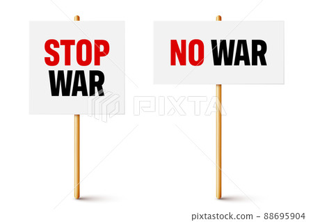 White protest sign on wooden holder. Stop war. Realistic demonstration banner with text. Strike White protest sign on wooden holder. Stop war. Realistic demonstration banner with text. Strike 88695904
