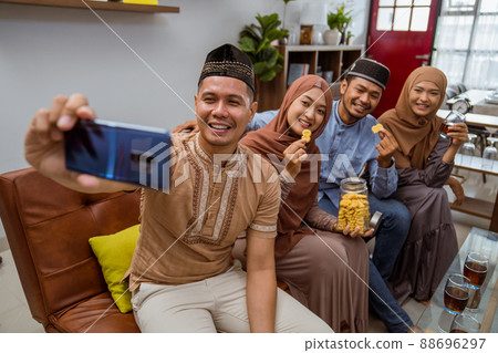 friend take selfie on eid mubarak islamic day 88696297