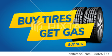 Buy tires get gas vector wheel banner flyer design. Tyre wheel advertising concept design 88697153