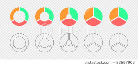 Donut charts divided in 3 multicolored and outline segments. Infographic wheels set. Circle diagrams segmented on three equal parts. Vector flat and graphic illustration 88697908