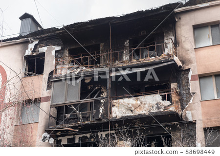 2022 Russian invasion Ukraine war Bucha destroyed building destruction city aftermath shell civilian hitting building damage Ukraine destruction facade. Attack Russia Ukraine ruins building insurance 2022 Russian invasion Ukraine war Bucha destroyed building destruction city aftermath shell civilian hitting building damage Ukraine destruction facade. Attack Russia Ukraine ruins building insurance 88698449