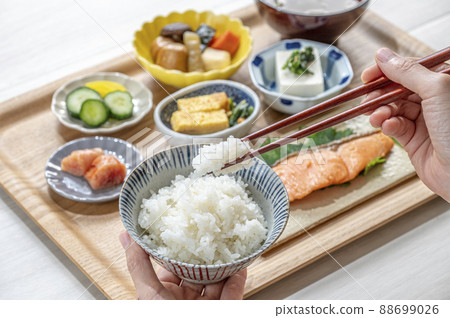 Grilled salmon set meal image of a healthy breakfast Grilled salmon set meal image of a healthy breakfast 88699026