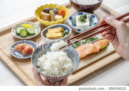 Grilled salmon set meal image of a healthy breakfast Grilled salmon set meal image of a healthy breakfast 88699028