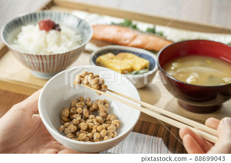 Natto and grilled salmon set meal Image of a healthy breakfast Natto and grilled salmon set meal Image of a healthy breakfast 88699043