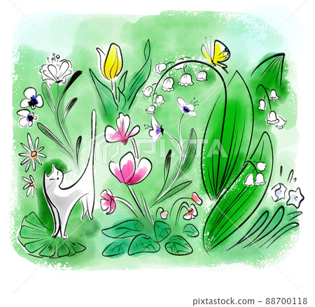 A cat that seems to be comfortable smelling the scent of flowers A cat that seems to be comfortable smelling the scent of flowers 88700118