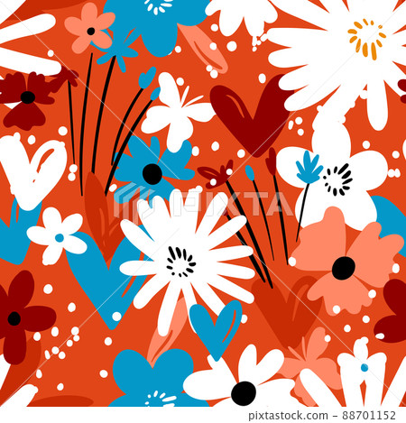 Seamless floral pattern based on traditional folk art ornaments. Colorful flowers on color background. Scandinavian style. Sweden nordic style. Vector illustration. Simple minimalistic pattern Seamless floral pattern based on traditional folk art ornaments. Colorful flowers on color background. Scandinavian style. Sweden nordic style. Vector illustration. Simple minimalistic pattern 88701152