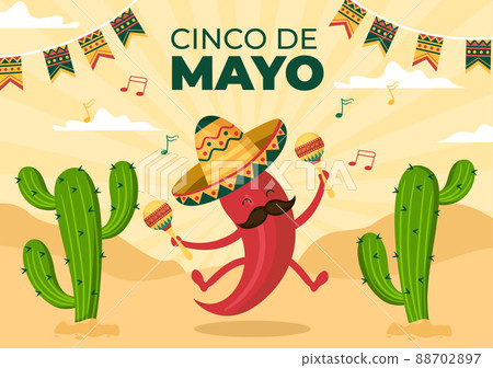 Cinco de Mayo Mexican Holiday Celebration Cartoon Style Illustration with Cactus, Guitar, Sombrero and Drinking Tequila for Poster or Greeting Card 88702897