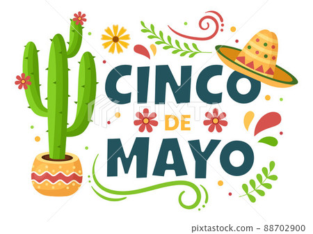 Cinco de Mayo Mexican Holiday Celebration Cartoon Style Illustration with Cactus, Guitar, Sombrero and Drinking Tequila for Poster or Greeting Card 88702900
