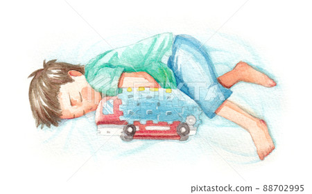 Watercolor illustration of a child taking a nap 88702995