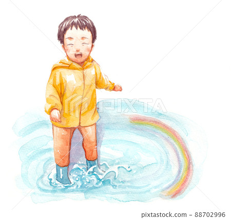 Watercolor illustration of a child playing in a puddle 88702996