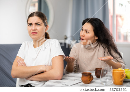 Women sitting at table in apartment and quarreling 88703261