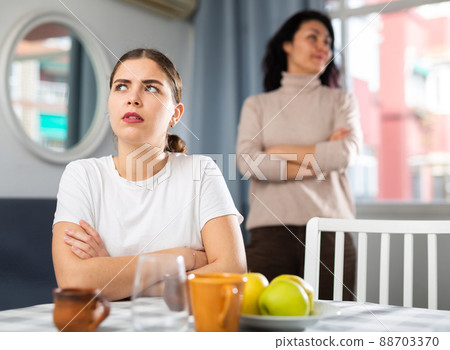 Woman sitting at table at home while having quarrel with her friend 88703370