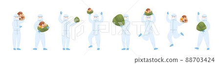 Nursing staff or doctor or scientist team, medical specialist with protective clothing, traditional food for Chinese Dragon Boat Festival: Zongzi 88703424