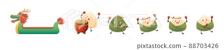 Festivals in China: Dumplings for Dragon Boat Festival Cartoon Character Mascot and Dragon Boat Cartoon Vector Set, Cute and Playful Actions and Expressions Festivals in China: Dumplings for Dragon Boat Festival Cartoon Character Mascot and Dragon Boat Cartoon Vector Set, Cute and Playful Actions and Expressions 88703426