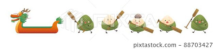 Festivals in China: Dumplings for Dragon Boat Festival Cartoon Character Mascot and Dragon Boat Cartoon Vector Set, Cute and Playful Actions and Expressions 88703427