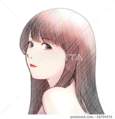Color illustration of a woman with long hair turning over her shoulder, halftone processed version Color illustration of a woman with long hair turning over her shoulder, halftone processed version 88704476