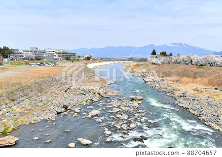 View toward Mt. Asama from Usuda Bridge / Chikuma River (Saku City, Nagano Prefecture) [2022.4] 88704657