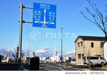 Takasaki City, Gunma Prefecture Karasugawa Holy Stone Bridge, traffic signs and Takasaki cityscape Takasaki City, Gunma Prefecture Karasugawa Holy Stone Bridge, traffic signs and Takasaki cityscape 88706372