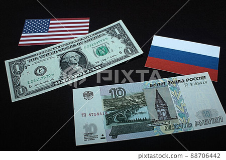 [Thumbnails of articles on US dollars, Russian rubles, foreign exchange, FX, stocks, etc.] Russian rubles banknotes and charts 88706442
