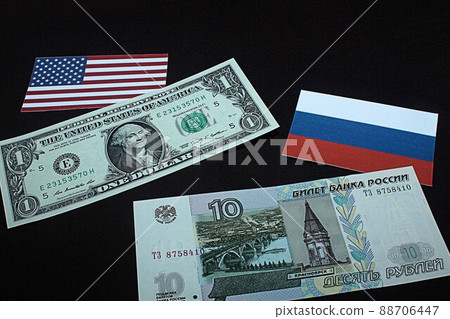 [Thumbnails of articles on US dollars, Russian rubles, foreign exchange, FX, stocks, etc.] Russian rubles banknotes and charts 88706447