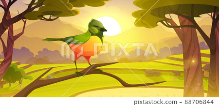 Cartoon bird sitting on tree branch, cute birdie Cartoon bird sitting on tree branch, cute birdie 88706844
