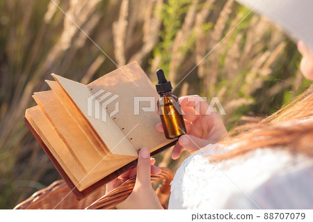 Natural herbal medicine, brown bottle - MOCKUP, blank page. Copy space for text. 88707079