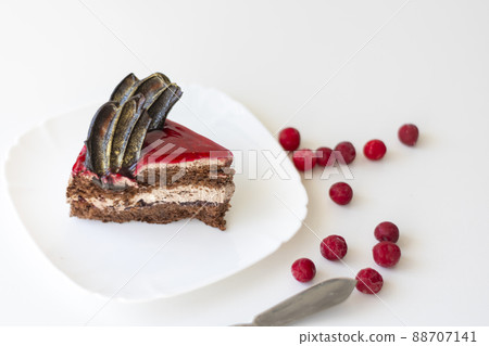 A piece of chocolate cake with cherries. Cake side view on a white background. Copy space 88707141