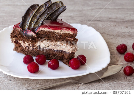 A piece of chocolate cake with cherries. Cake side view on a white background. Copy space. 88707161