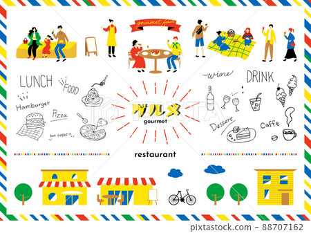 Cute hand-drawn illustrations with people who eat, cityscape set 88707162