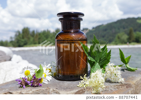 Old pharmaceutical bottle against background of mountains and water. Concept of alternative medicine 88707441