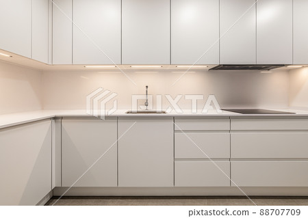 White empty classic kitchen in front view in new or refurbished apartment 88707709