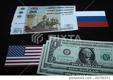 [Thumbnails of articles on US dollars, Russian rubles, foreign exchange, FX, stocks, etc.] Russian rubles banknotes and charts 88708352