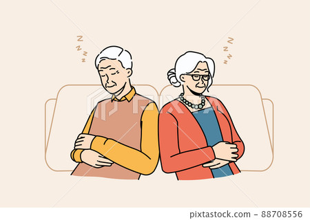 Exhausted senior grandparents relax in chairs sleeping Exhausted senior grandparents relax in chairs sleeping 88708556