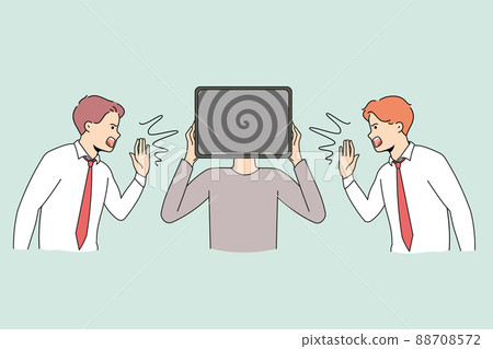 Men screaming information to overwhelmed person  88708572