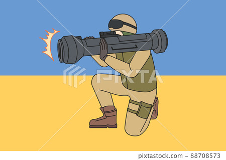 Soldier with missile weapon on Ukrainian flag isolated  88708573