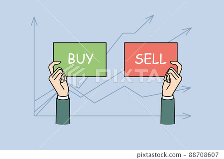 Businessman hold buy and sell signs  88708607