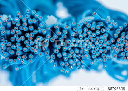 Close-up bundle of blue electrical cables electrical installation component 88708868