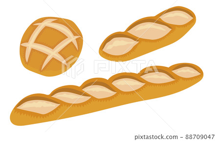 Set of three hard French breads - baguette, batard, and boule Set of three hard French breads - baguette, batard, and boule 88709047