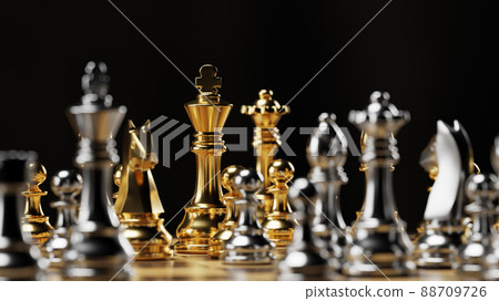 Gold and silver chess figures placed on chessboard. 3D rendering illustration. Gold and silver chess figures placed on chessboard. 3D rendering illustration. 88709726