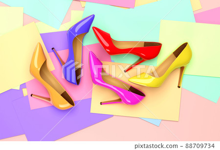 Bright colored women's shoes on a solid background. 3D rendering illustration.