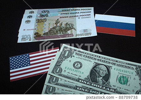 [Thumbnails of articles on US dollars, Russian rubles, foreign exchange, FX, stocks, etc.] Russian rubles banknotes and charts 88709738