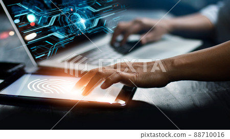 Businessman using fingerprint identification to access personal financial data. Idea for E-kyc (electronic know your customer), biometrics security, innovation technology against digital cyber crime. 88710016