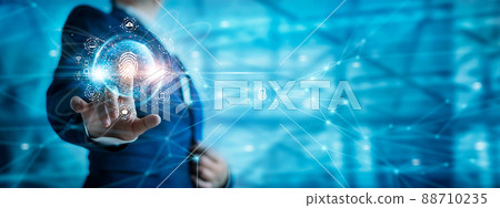 .Businessman using fingerprint identification to access personal business and finance data, Biometrics security, innovation technology against digital cyber crime. 88710235