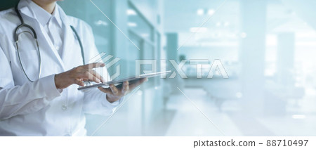 Doctor online, Online medical communication with patient on tablet in healthcare network, Online consultation, Virtual hospital, Checks and analysis health. 88710497