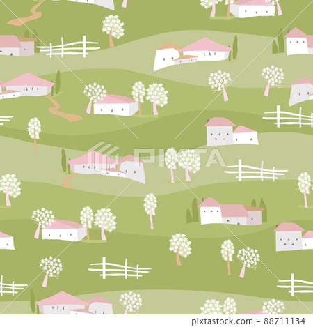 Seamless Pattern with Cute Spring Rustic Landscape Seamless Pattern with Cute Spring Rustic Landscape 88711134