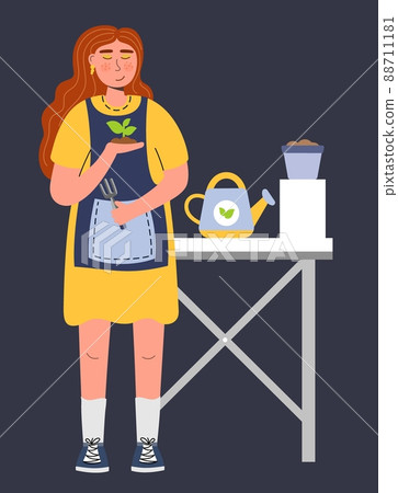 A woman plants seedlings standing at a table A woman farmer gardener doing work and agricultural hobby Vector illustration isolated 88711181