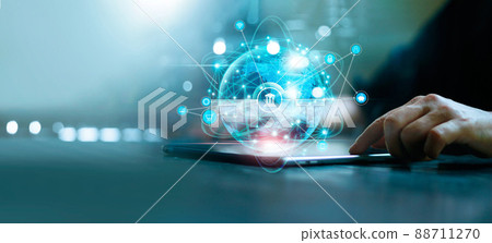 Businessman using tablet online banking and payment, Digital marketing. Finance and banking networking. Online shopping and icon customer network connection, cyber security. Business technology. Businessman using tablet online banking and payment, Digital marketing. Finance and banking networking. Online shopping and icon customer network connection, cyber security. Business technology. 88711270