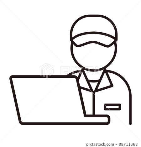 操作個人計算機的工人的簡單線條繪圖圖標/白色背景 操作個人計算機的工人的簡單線條繪圖圖標/白色背景 88711368